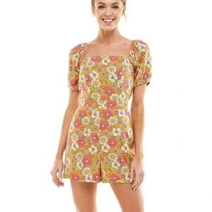 Lily Rose Romper Womens XS Yellow Floral Short Sleeve Cross Back Pockets Cottage